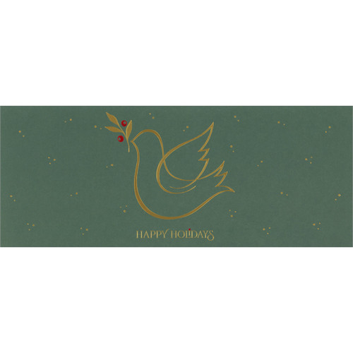 Religious Christmas Card: Happy Holidays - Gold Foil Outlined Dove on Dark Green: Happy Holidays
