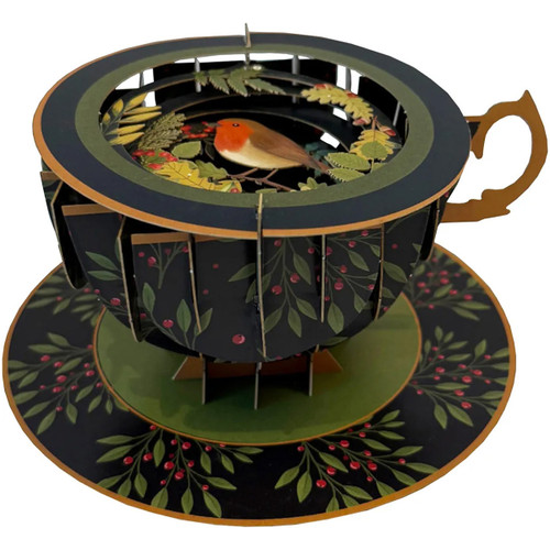 3D Pop Up Tea Cup Holiday Card: Robin Holding Berries in Beak