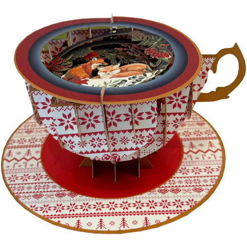 3D Pop Up Tea Cup Holiday Card: Red Fox Watching Over Sleeping Fox