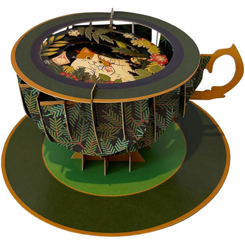 3D Pop Up Tea Cup Holiday Card: Cute Cat Inside Ring of Flowers and Leaves