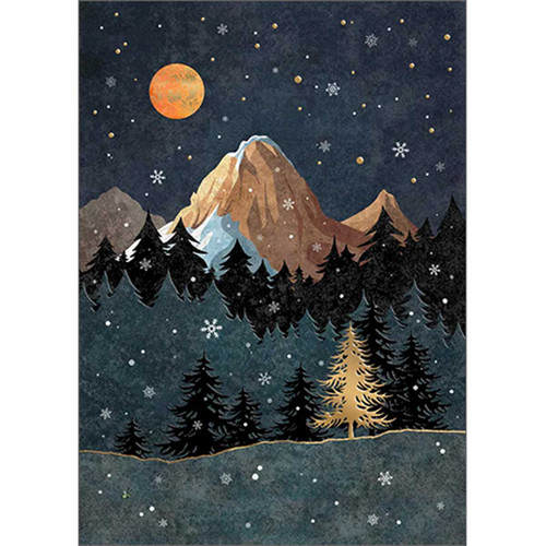 Holiday / Christmas Card: Gold Tree, Falling Snowflakes, Full Moon, Mountain Range and Forest