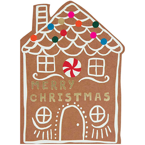 Christmas Card: Brown Die Cut Gingerbread House with Peppermint Wreath: Merry Christmas