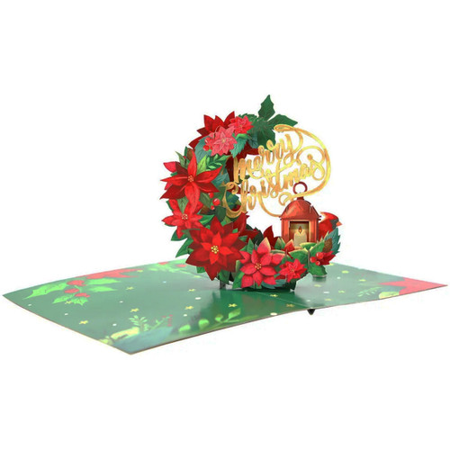 3D Pop Up Christmas Card: Poinsettia Crescent Moon, Red Lantern and Cardinal Handmade: Merry Christmas
