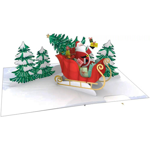 3D Pop Up Christmas Card: Santa in Sleigh and Snow Covered Trees Handmade: Merry Christmas