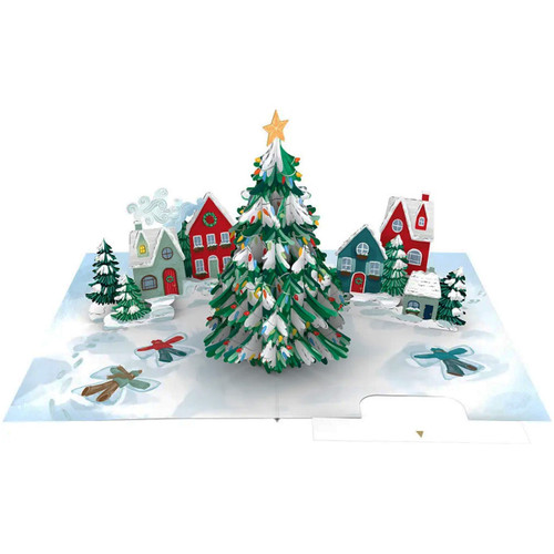 3D Pop Up Christmas Card: Large Evergreen Tree at Center of Village Handmade