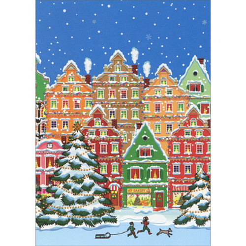 Christmas Card: Kids Pulling Sled - Vibrant Colored Snowy Town