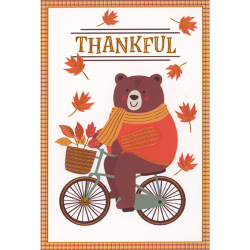 Thanksgiving Card: Thankful Bicycle Bear Wearing Sweater and Scarf: Thankful