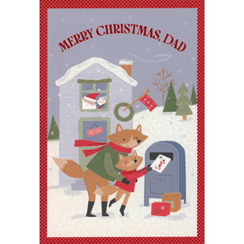 Christmas Card for Dad: Foxes Mailing Letter to Santa at Postal Box: Merry Christmas, Dad