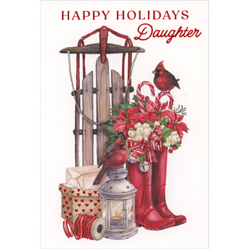 Christmas Card for Daughter: Wooden Sled, Red Boots and Poinsettias: Happy Holidays, Daughter
