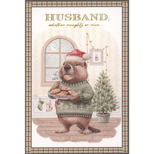 Christmas Card for Husband: Beaver Sneaking Cookies from Plate: Husband, whether naughty or nice…