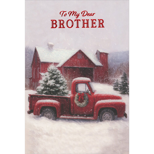 Christmas Card for Brother: Classic Red Pickup Truck In Snow Near Red Barn: To My Dear Brother