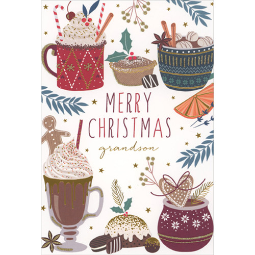 Christmas Card for Grandson: Holiday Treats and Drinks in Mugs: Merry Christmas, Grandson