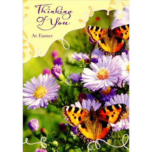 Two Butterflies on Flowers Thinking of You Easter Card: Thinking Of You At Easter