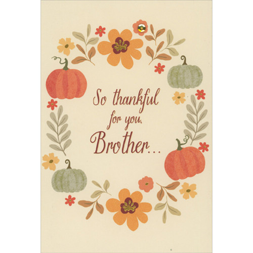 Thanksgiving Card for Brother: Flowers and Pumpkins Oval Border: So thankful for you, Brother