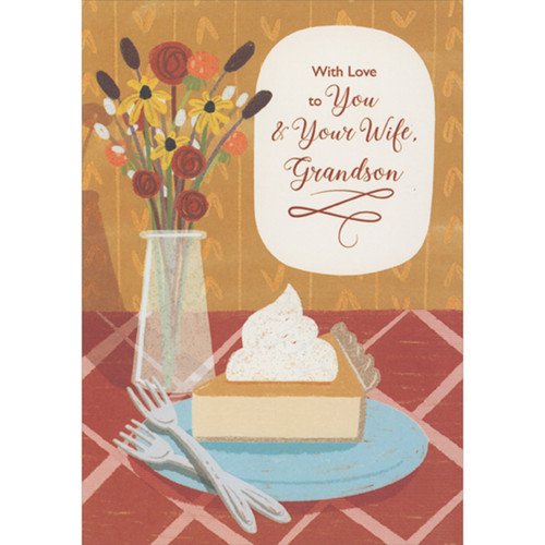 Thanksgiving Card for Grandson and Wife: Pie Slice on Blue Plate with Forks: With Love to You and Your Wife, Grandson