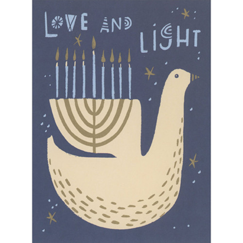 Hanukkah Card: Love and Light Dove with Menorah Candles on Wing: Love and Light