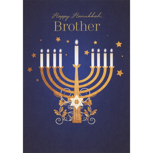 Hanukkah Card for Adult Brother: Small Stars, Light Brown Menorah with Swirling Vines at Base: Happy Hanukkah, Brother