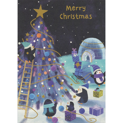 Christmas Card: Penguins Decorating Tree Near Igloo: Merry Christmas