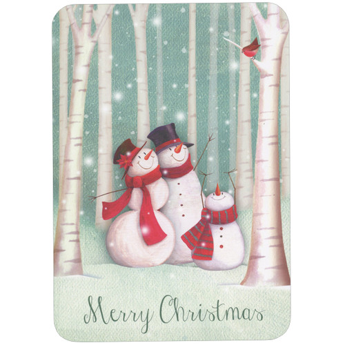 Christmas Card for Parents: Snowman Family Looking at Cardinal on Tree Branch: Merry Christmas