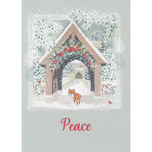Christmas Card: Fox in Falling Snow, Red Floral Decorated Pavilion: Peace