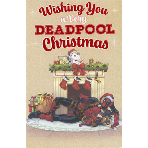 Funny Christmas Card: Deadpool and Dog Relaxing in Front of Fireplace: Wishing You a Very Deadpool Christmas