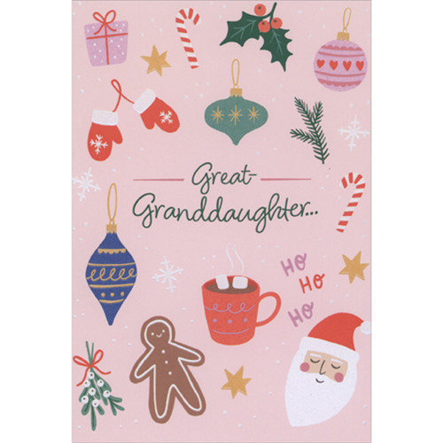 Christmas Card for Adult Great-Granddaughter: Icons of Christmas on Pink: Great-Granddaughter…