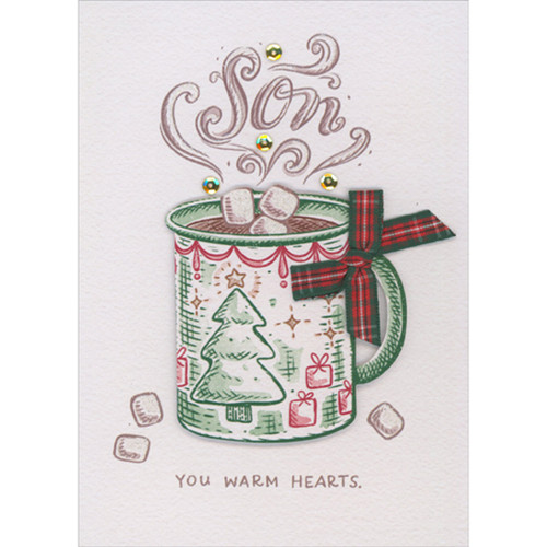 Handmade 3D Christmas Card for Adult Son from Mom: You Warm Hearts, Red and Green Mug of Hot Chocolate: Son - You Warm Hearts.