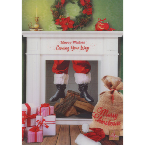 Lenticular Motion 3D Christmas Card: Santa's Legs Hanging Down into White Fireplace: Merry Wishes Coming Your Way