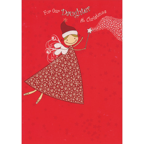 Christmas Card for Pre-Teen Daughter: Simply Drawn Angel in Red Dress with Snowflakes Pattern: For Our Daughter At Christmas