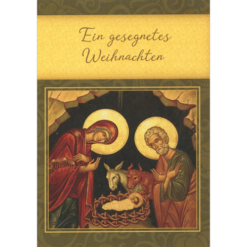 German Language Religious Christmas Card: Manger Scene Inside Thin Green and Gold Frame: Ein gesegnetes Weihnachten