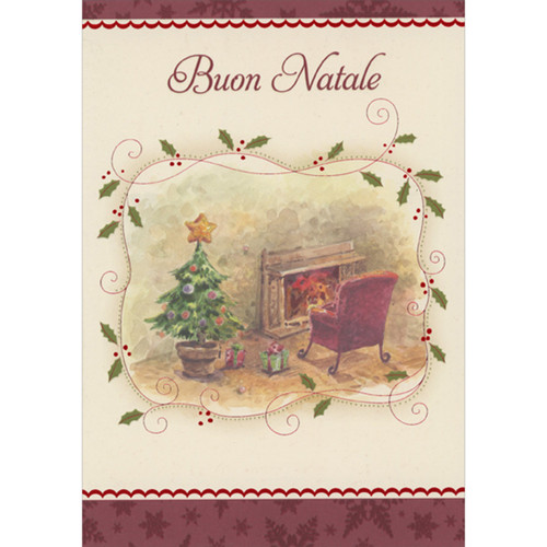 Italian Language Christmas Card: Buon Natale - Fireplace, Red Chair and Tree: Buon Natale (English Translation: Merry Christmas)