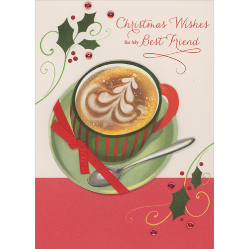Handmade 3D Christmas Card for Best Friend: Holiday Mug, Tree Shaped Foam, Red Ribbon, Sequins: Christmas Wishes for My Best Friend