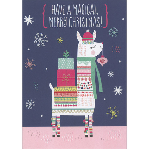 Christmas Card for Girl: White Llama Holding Pink Ornament from Mouth: Have a Magical Merry Christmas!