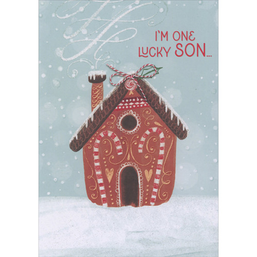 Christmas Card for Dad from Son: One Lucky Son Snow Covered Gingerbread House: I'm One Lucky Son…