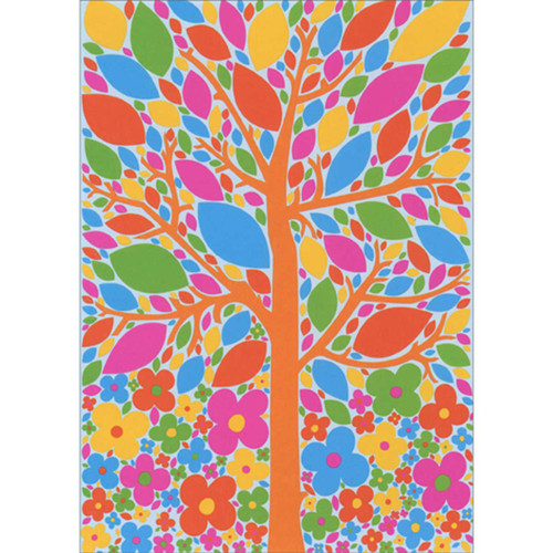 Blank Note Card: Orange Tree with Vividly Colored Leaves and Flowers