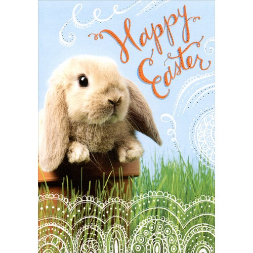 Bunny in Flower Pot Easter Card: Happy Easter