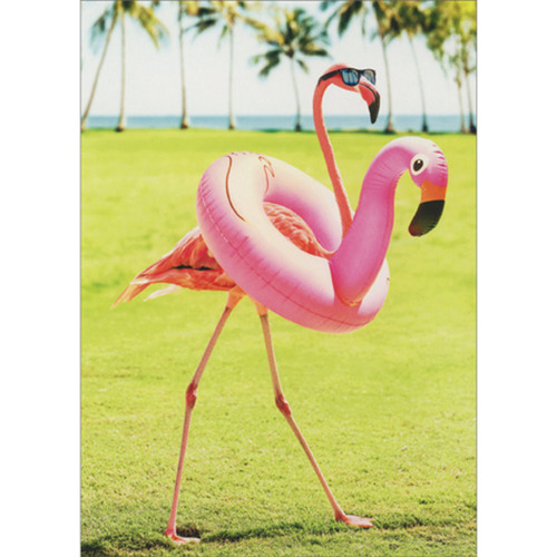 Birthday Card for Woman: Flamingo in Flamingo Float on Grass