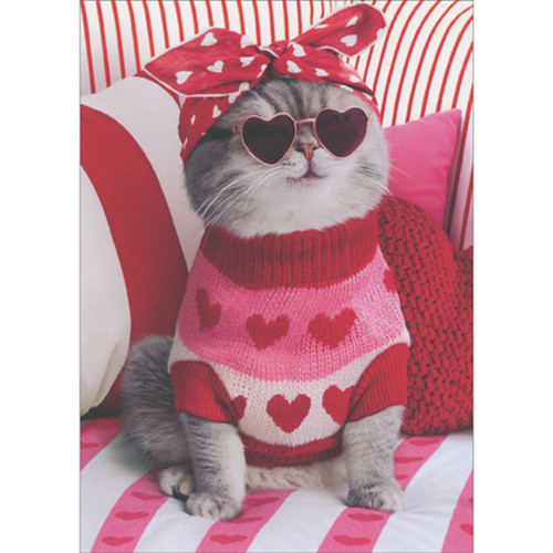 Valentine's Day Card: Cat Wearing Heart Sunglasses, Sweater and Bandanna