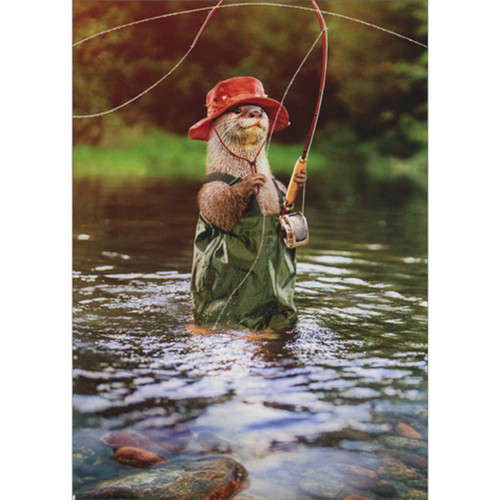 Funny Father's Day Card: Otter Fisherman in Stream Wearing Green Waders