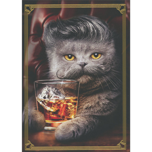 Funny Father's Day Card: Gray Cat with Styled Hair and Mustache Holding Drink