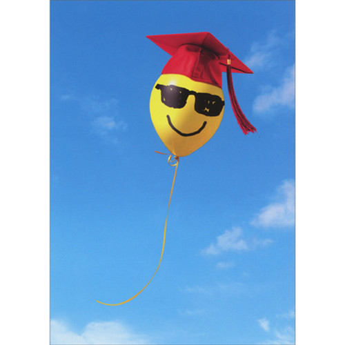 Graduation Card: Floating Smiling Yellow Balloon Wearing Red Grad Cap