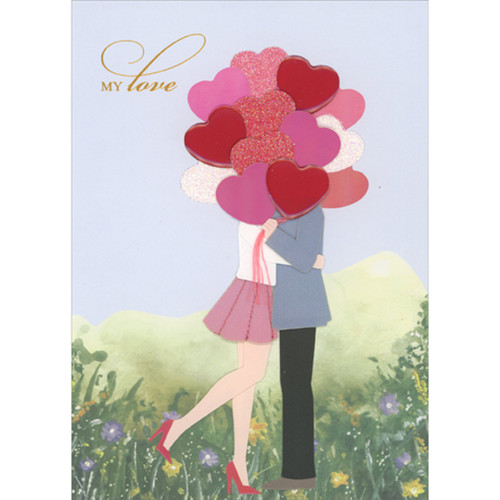 Romantic Handmade 3D Valentine's Day Card: My Love, Couple Embracing Behind Balloon Bouquet: My Love