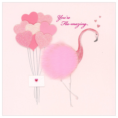 Handmade 3D Valentine's Day Card: You're Fla-mazing: Flamingo with Fuzzy Body: You're Fla-mazing