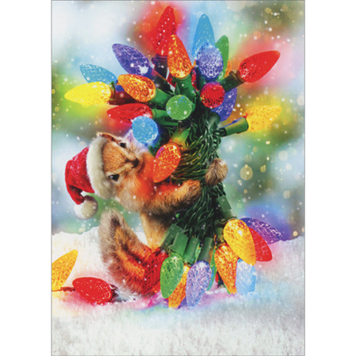 Christmas Card: Chipmunk Carrying Bundled Light String