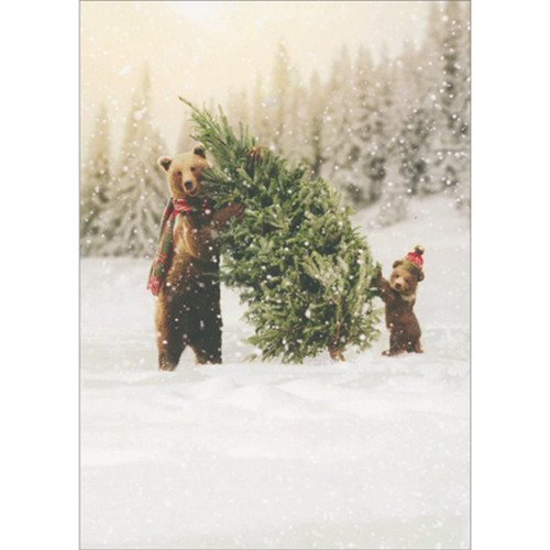 Premium Christmas Card: Bear and Cub Carrying Pine Tree in Snow