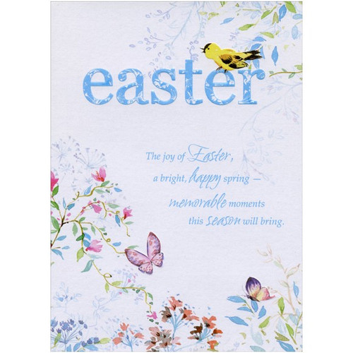 Yellow Bird on Blue Lettering Easter Card: easter - The joys of Easter, a bright, happy spring - memorable moments this season will bring.