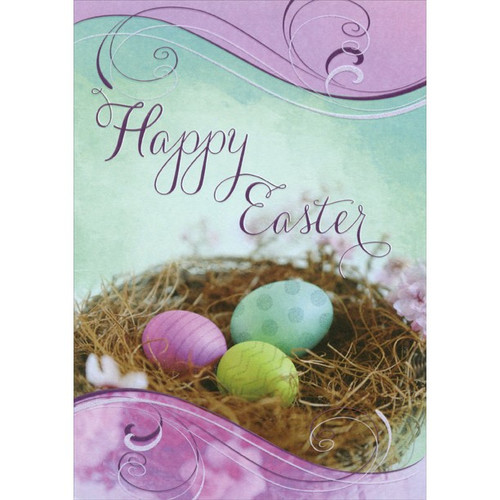 Pink, Green and Yellow Eggs Easter Card: Happy Easter