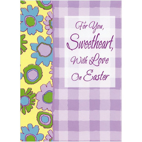 Pink, Blue, Green Flowers and Purple Checkerboard: Sweetheart Easter Card: For You, Sweetheart, With Love On Easter