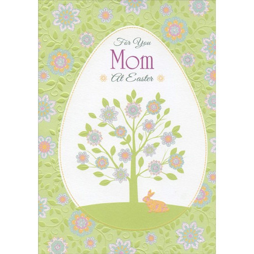 Light Green Tree with Glitter Flowers: Mom Easter Card: For You Mom At Easter