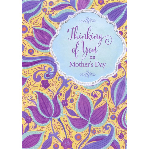 Purple and Blue Swirling Flowers on Yellow: Thinking of You Mother's Day Card: Thinking of You on Mother's Day